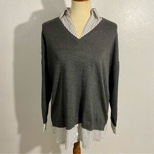 NEW Adrianna Papell V-Neck Twofer Pullover Sweater Women’s Size M Gray White